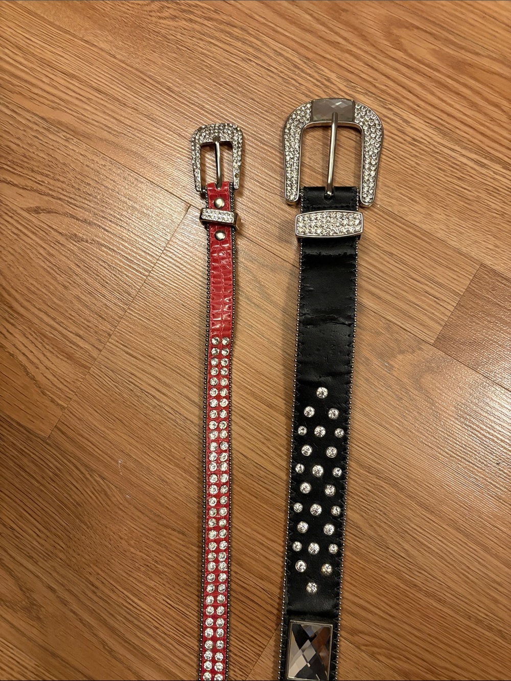 Red Rhinestone Skinny Belt & Black Studded Western Belt Duo